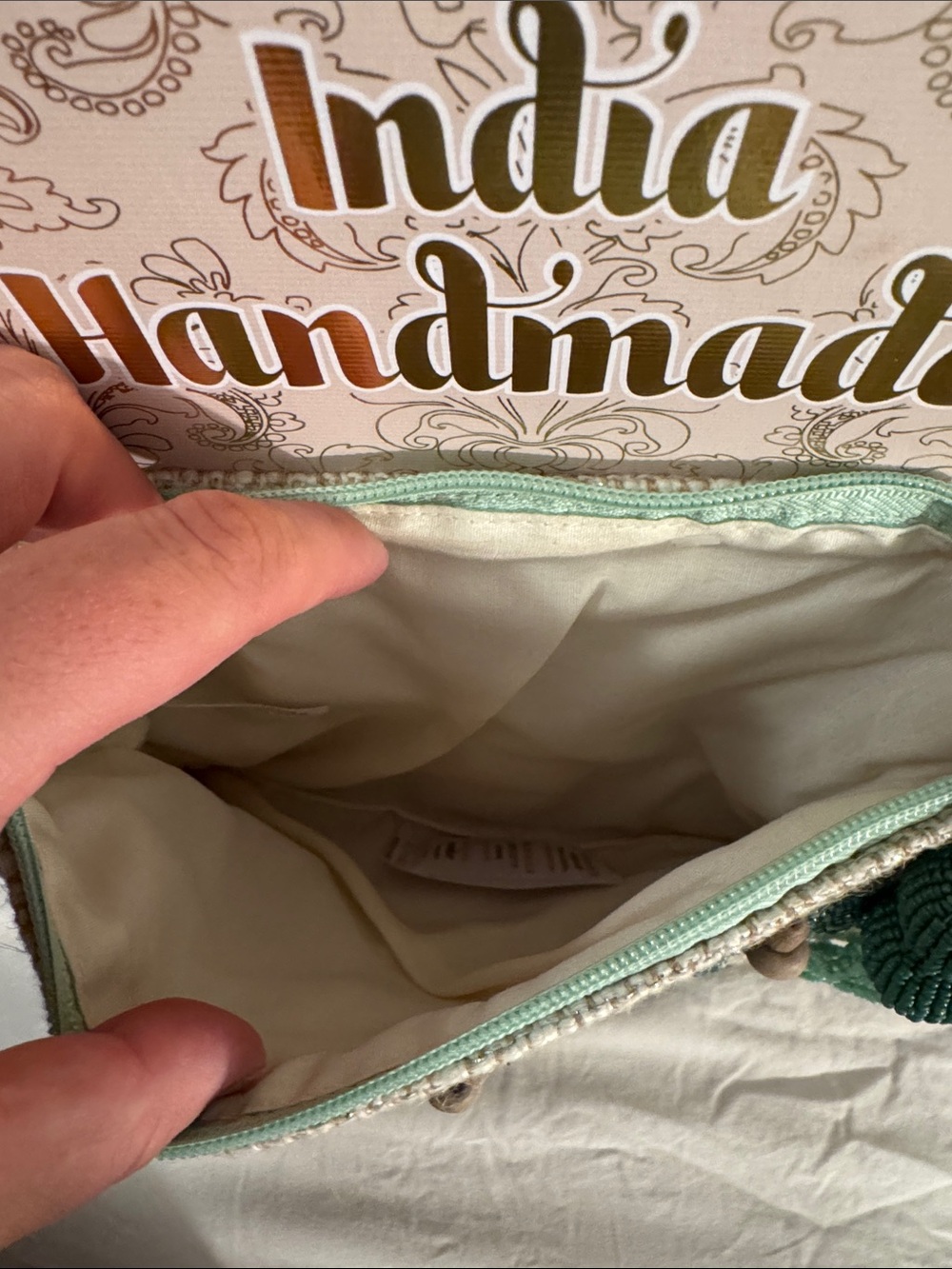 India Handmade Embroidered Beaded Pouch in Teal and Cream - Picture 5 of 10
